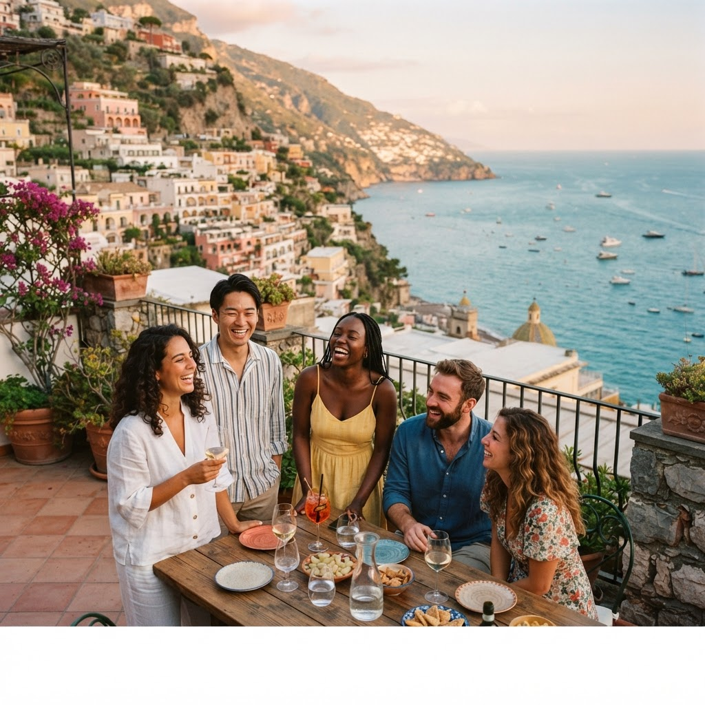 A group of friends enjoying a trip together at golden hour